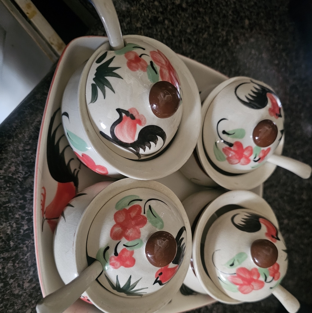 Vintage Thia Rooster Condiment Set With Plate